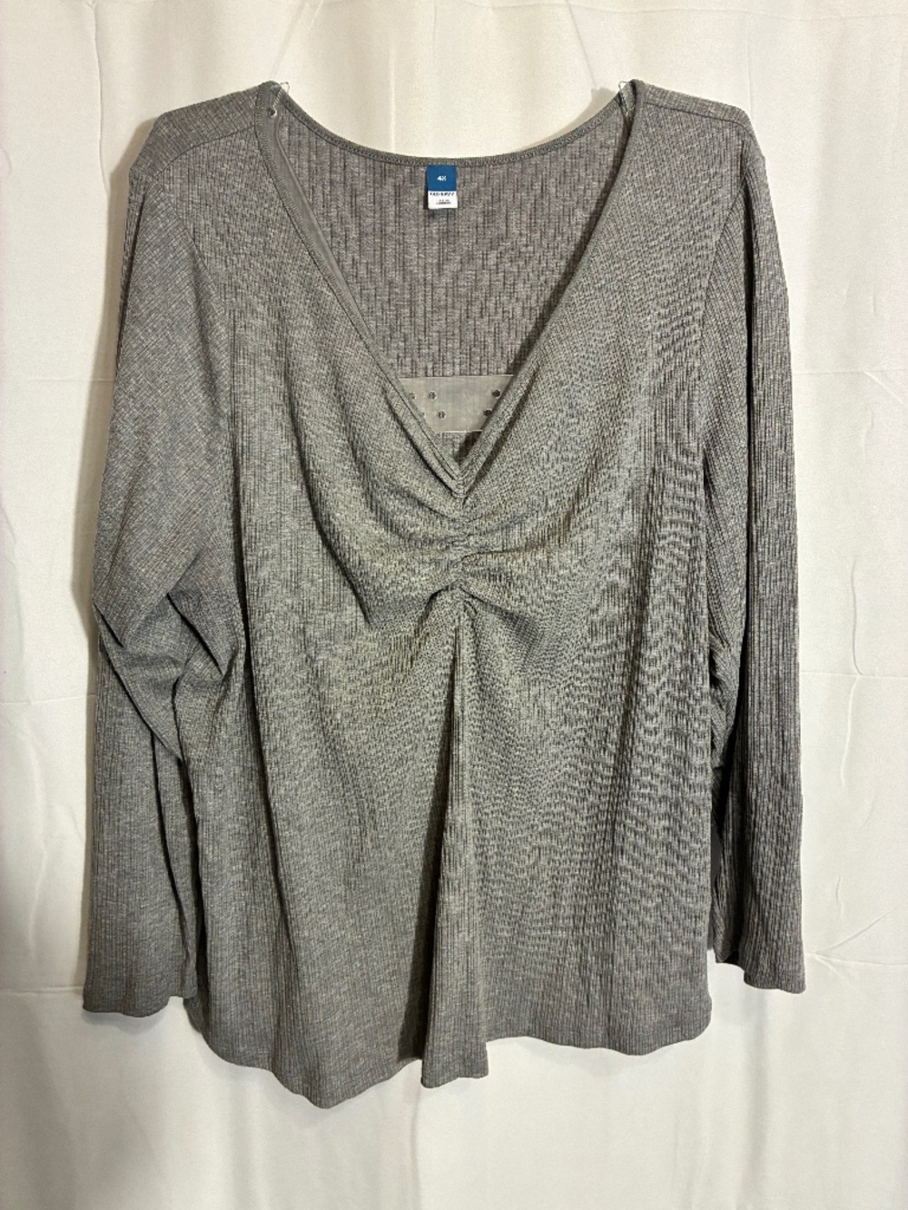 Grey Long-Sleeve Cinched-Front Rib-Knit T-Shirt
